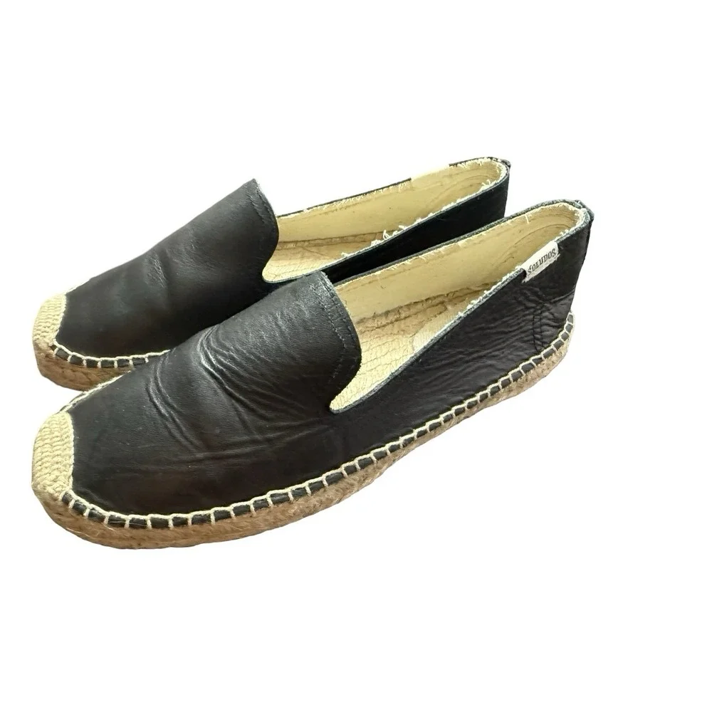 Soludos Women's‎ Size 8.5 Espadrilles Black Leather Platform Slip On Beachy Chic